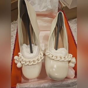 Tory Burch Cream Heels with Chain Accent